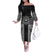 Hawaii And Philippines Together Family Matching Off The Shoulder Long Sleeve Dress and Hawaiian Shirt Polynesian Pattern With Filipino Barong Black LT05 Mom's Dress Black - Polynesian Pride