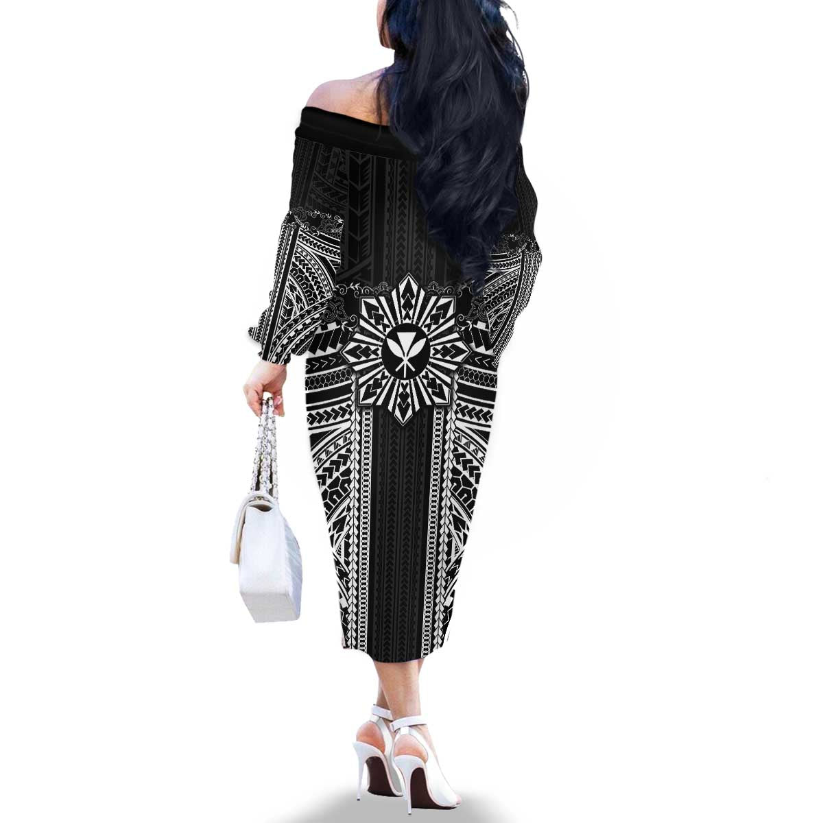 Hawaii And Philippines Together Family Matching Off The Shoulder Long Sleeve Dress and Hawaiian Shirt Polynesian Pattern With Filipino Barong Black LT05 - Polynesian Pride