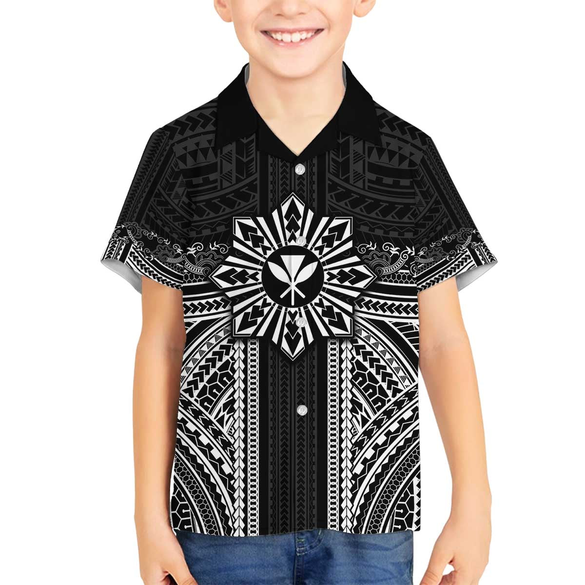 Hawaii And Philippines Together Family Matching Off The Shoulder Long Sleeve Dress and Hawaiian Shirt Polynesian Pattern With Filipino Barong Black LT05 Son's Shirt Black - Polynesian Pride