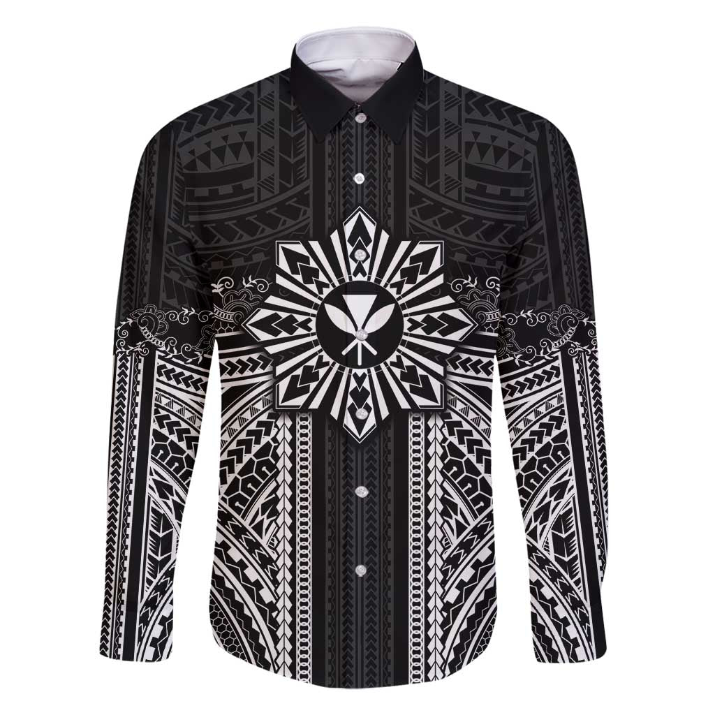 Hawaii And Philippines Together Family Matching Off Shoulder Maxi Dress and Hawaiian Shirt Polynesian Pattern With Filipino Barong Black LT05 Dad's Shirt - Long Sleeve Black - Polynesian Pride