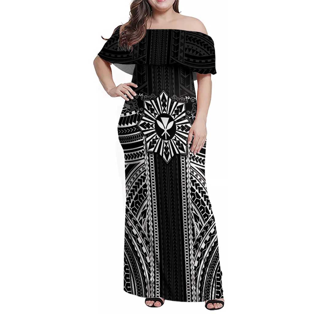 Hawaii And Philippines Together Family Matching Off Shoulder Maxi Dress and Hawaiian Shirt Polynesian Pattern With Filipino Barong Black LT05 Mom's Dress Black - Polynesian Pride