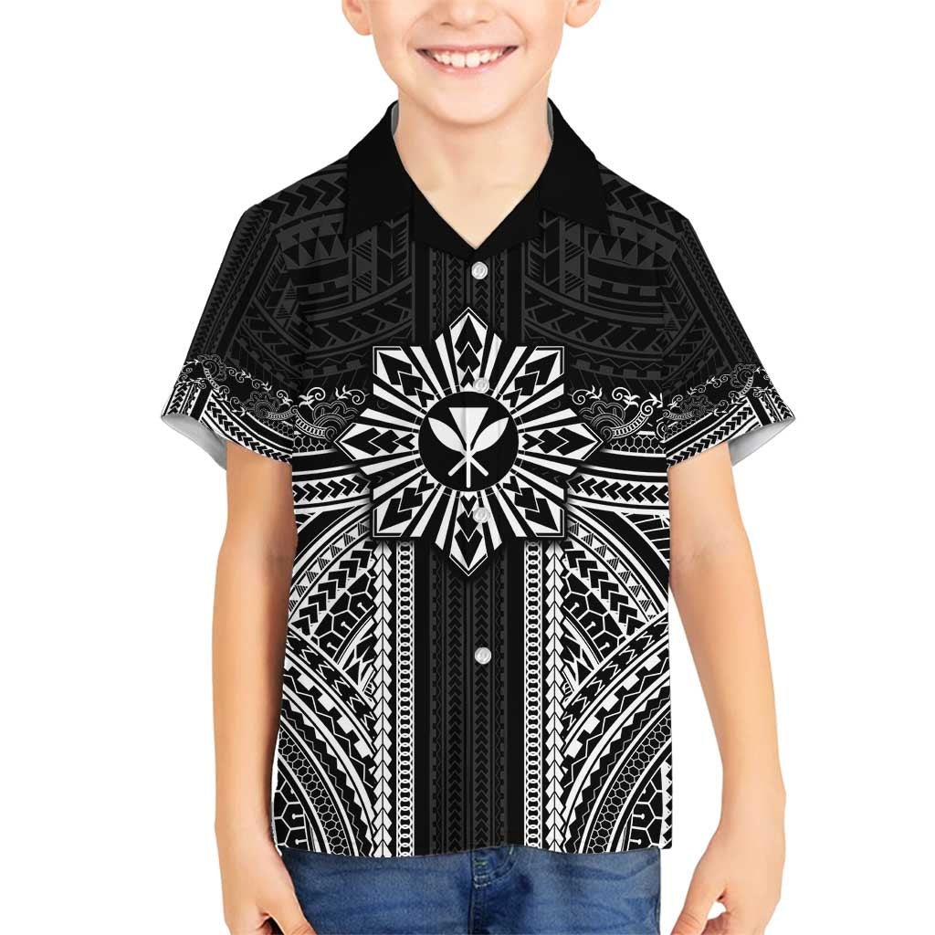 Hawaii And Philippines Together Family Matching Off Shoulder Maxi Dress and Hawaiian Shirt Polynesian Pattern With Filipino Barong Black LT05 Son's Shirt Black - Polynesian Pride
