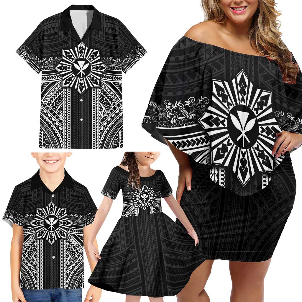 Hawaii And Philippines Together Family Matching Off Shoulder Short Dress and Hawaiian Shirt Polynesian Pattern With Filipino Barong Black LT05 - Polynesian Pride