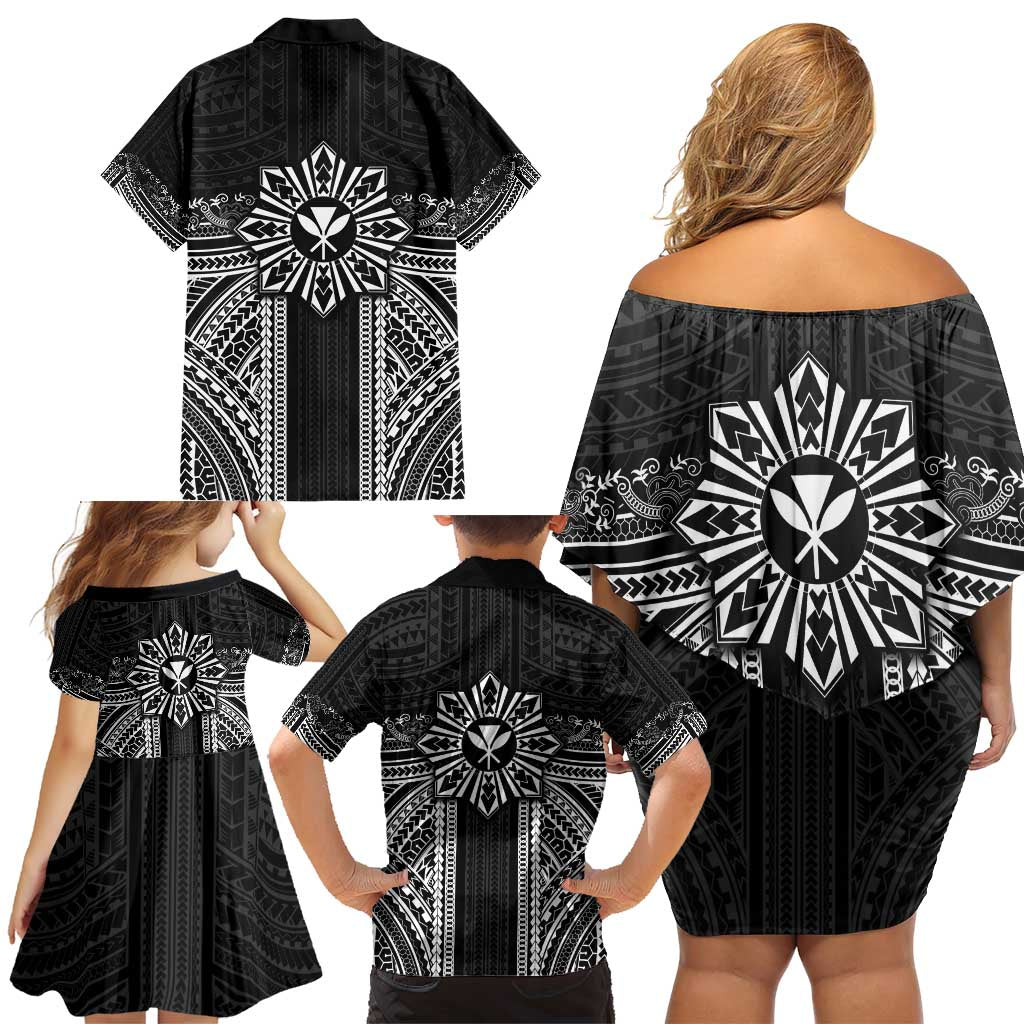 Hawaii And Philippines Together Family Matching Off Shoulder Short Dress and Hawaiian Shirt Polynesian Pattern With Filipino Barong Black LT05 - Polynesian Pride