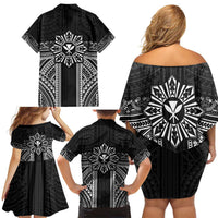 Hawaii And Philippines Together Family Matching Off Shoulder Short Dress and Hawaiian Shirt Polynesian Pattern With Filipino Barong Black LT05 - Polynesian Pride