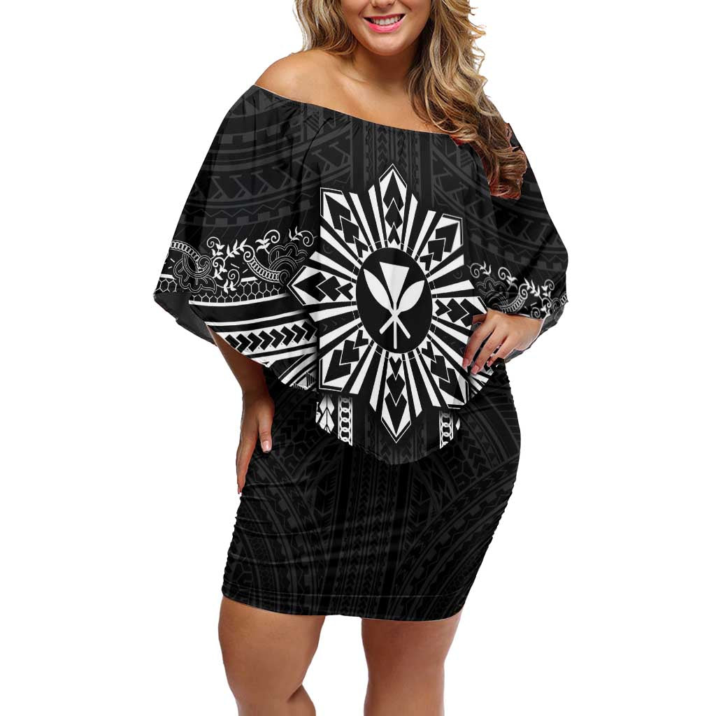 Hawaii And Philippines Together Family Matching Off Shoulder Short Dress and Hawaiian Shirt Polynesian Pattern With Filipino Barong Black LT05 Mom's Dress Black - Polynesian Pride