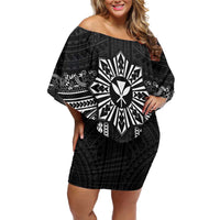 Hawaii And Philippines Together Family Matching Off Shoulder Short Dress and Hawaiian Shirt Polynesian Pattern With Filipino Barong Black LT05 Mom's Dress Black - Polynesian Pride