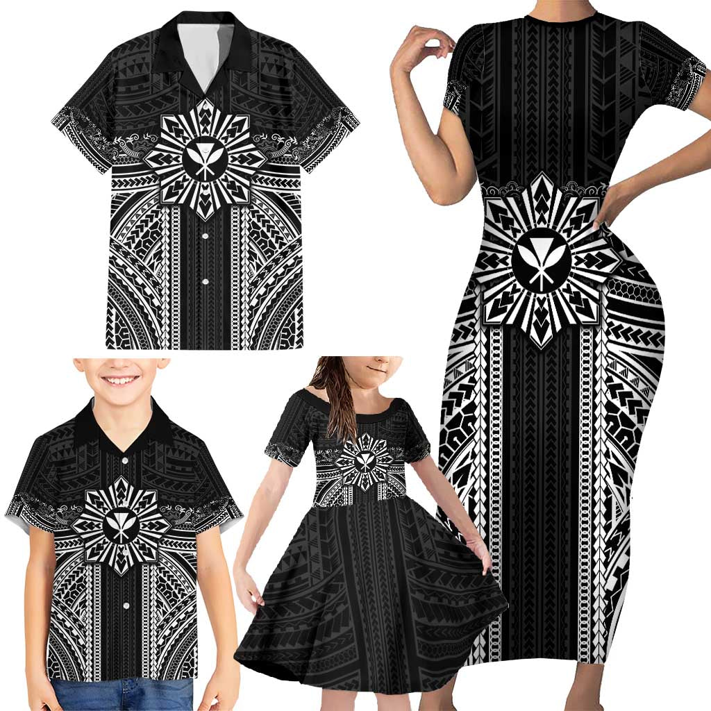 Hawaii And Philippines Together Family Matching Short Sleeve Bodycon Dress and Hawaiian Shirt Polynesian Pattern With Filipino Barong Black LT05 - Polynesian Pride
