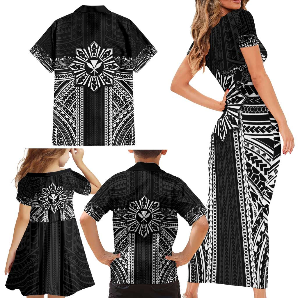 Hawaii And Philippines Together Family Matching Short Sleeve Bodycon Dress and Hawaiian Shirt Polynesian Pattern With Filipino Barong Black LT05 - Polynesian Pride