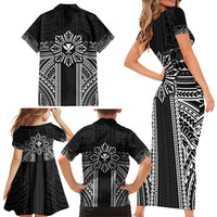 Hawaii And Philippines Together Family Matching Short Sleeve Bodycon Dress and Hawaiian Shirt Polynesian Pattern With Filipino Barong Black LT05 - Polynesian Pride