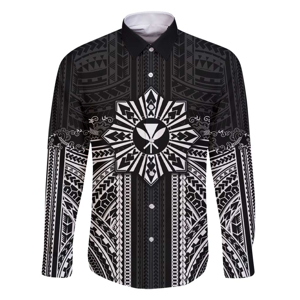 Hawaii And Philippines Together Family Matching Short Sleeve Bodycon Dress and Hawaiian Shirt Polynesian Pattern With Filipino Barong Black LT05 Dad's Shirt - Long Sleeve Black - Polynesian Pride