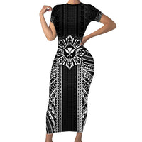 Hawaii And Philippines Together Family Matching Short Sleeve Bodycon Dress and Hawaiian Shirt Polynesian Pattern With Filipino Barong Black LT05 Mom's Dress Black - Polynesian Pride
