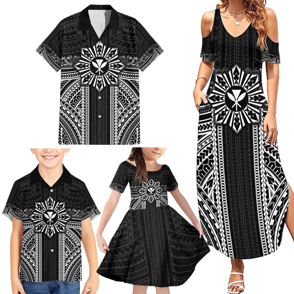 Hawaii And Philippines Together Family Matching Summer Maxi Dress and Hawaiian Shirt Polynesian Pattern With Filipino Barong Black LT05 - Polynesian Pride