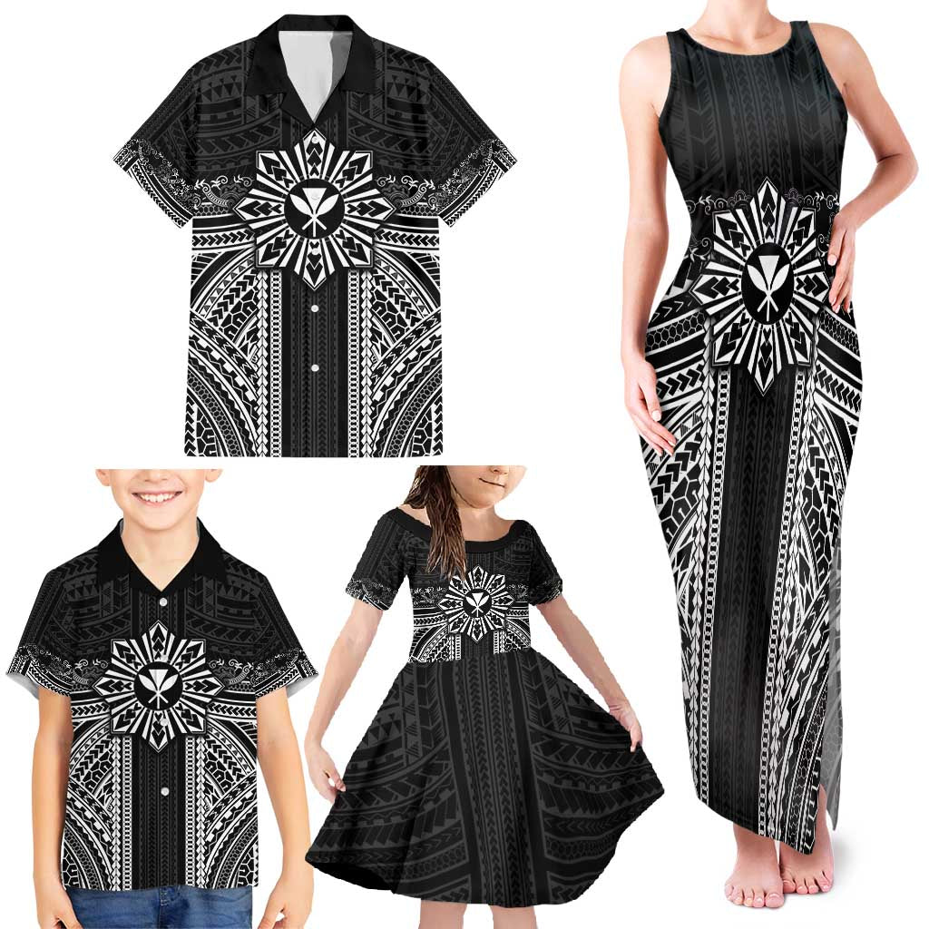 Hawaii And Philippines Together Family Matching Tank Maxi Dress and Hawaiian Shirt Polynesian Pattern With Filipino Barong Black LT05 - Polynesian Pride
