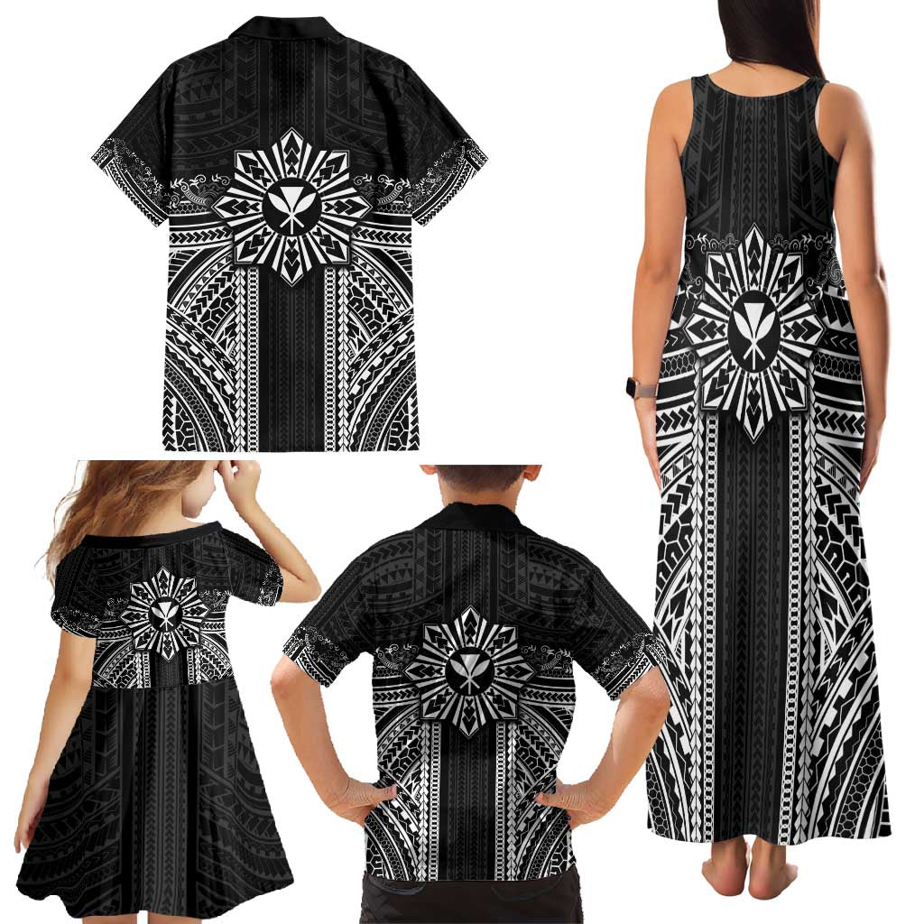 Hawaii And Philippines Together Family Matching Tank Maxi Dress and Hawaiian Shirt Polynesian Pattern With Filipino Barong Black LT05 - Polynesian Pride