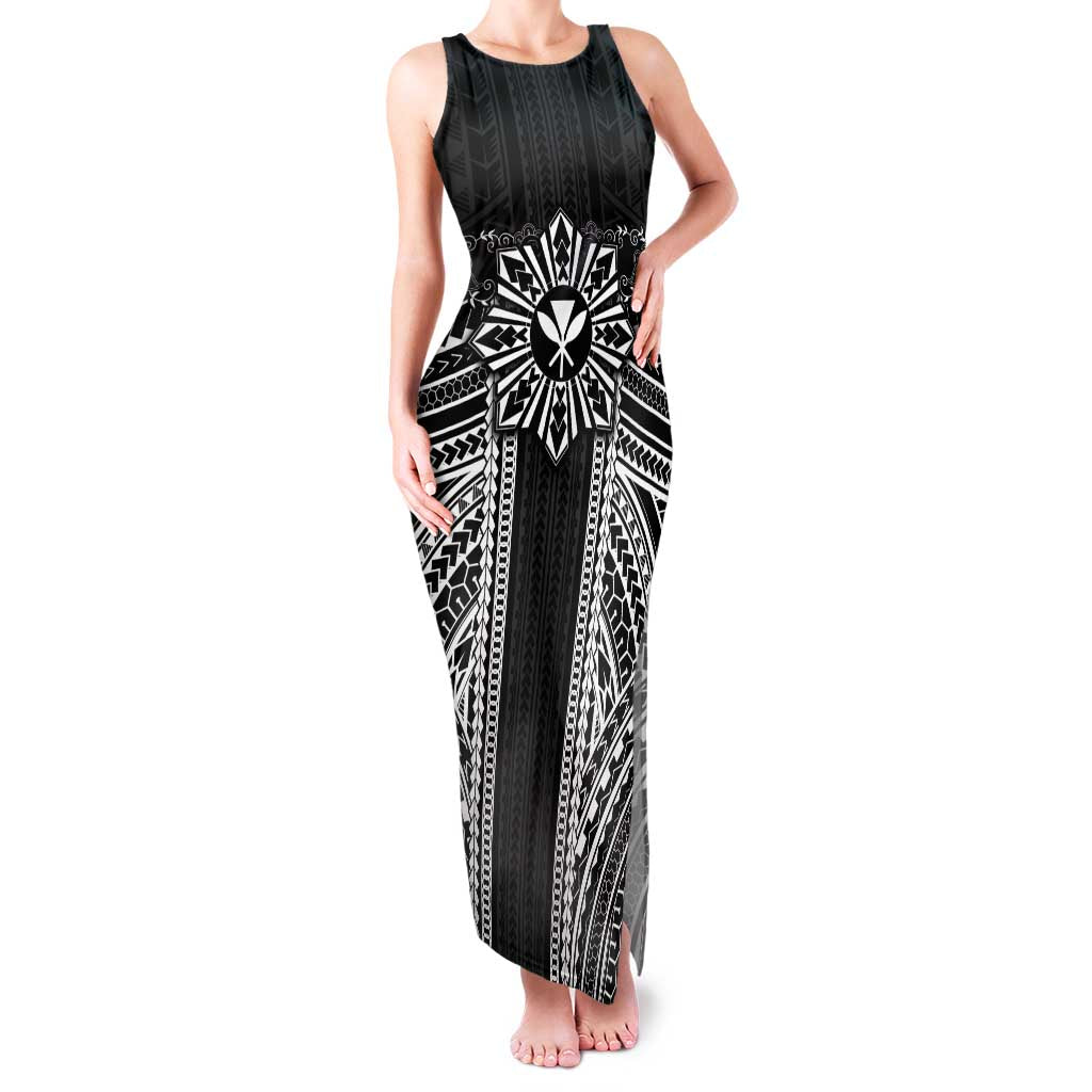 Hawaii And Philippines Together Family Matching Tank Maxi Dress and Hawaiian Shirt Polynesian Pattern With Filipino Barong Black LT05 Mom's Dress Black - Polynesian Pride