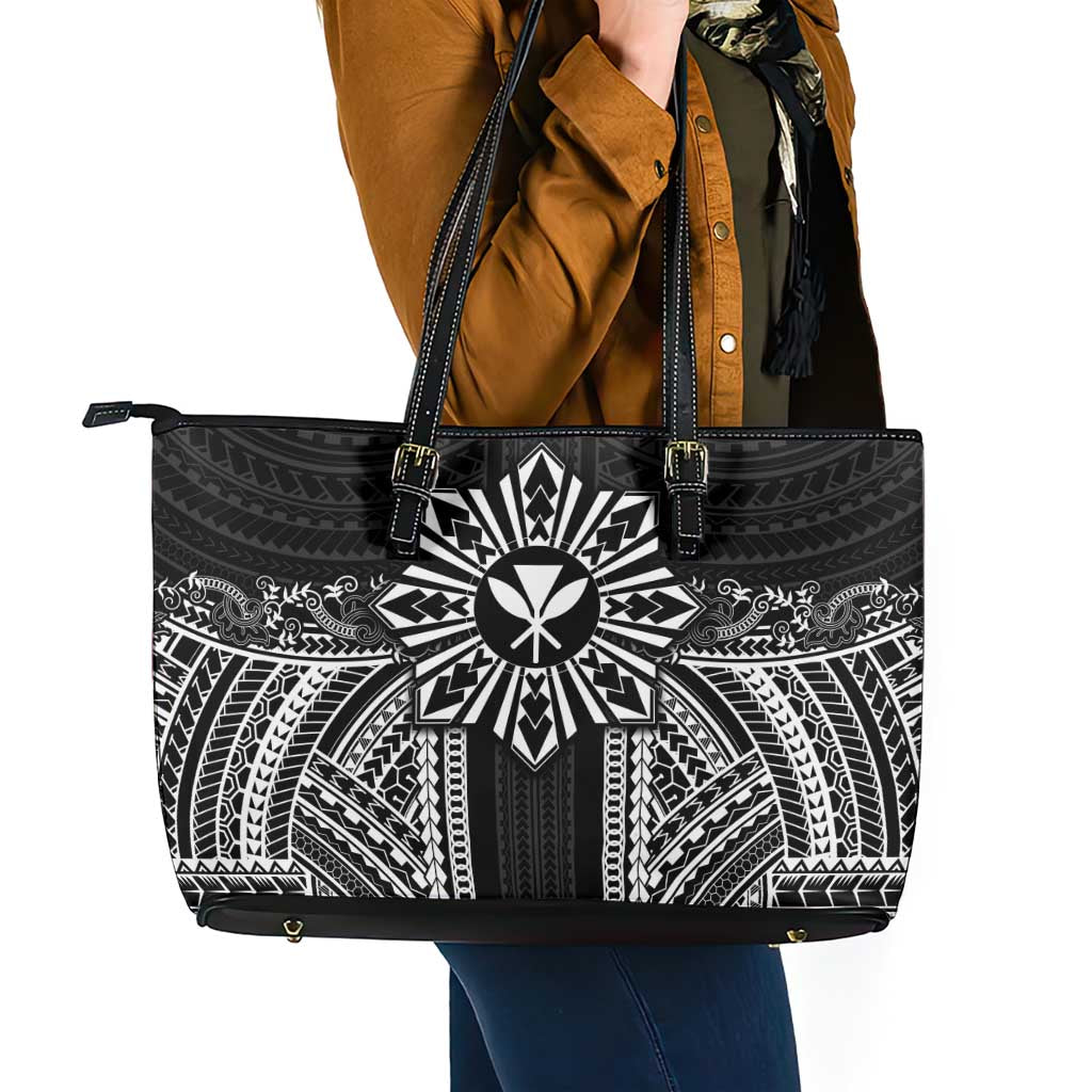 Hawaii And Philippines Together Leather Tote Bag Polynesian Pattern With Filipino Barong Black LT05 - Polynesian Pride
