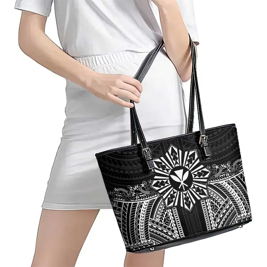 Hawaii And Philippines Together Leather Tote Bag Polynesian Pattern With Filipino Barong Black LT05 - Polynesian Pride