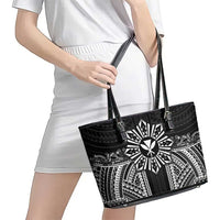 Hawaii And Philippines Together Leather Tote Bag Polynesian Pattern With Filipino Barong Black LT05 - Polynesian Pride