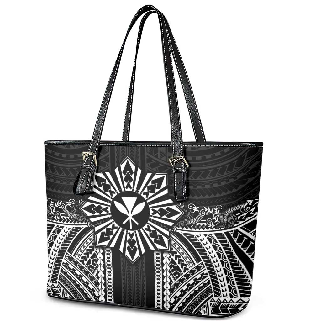 Hawaii And Philippines Together Leather Tote Bag Polynesian Pattern With Filipino Barong Black LT05 - Polynesian Pride