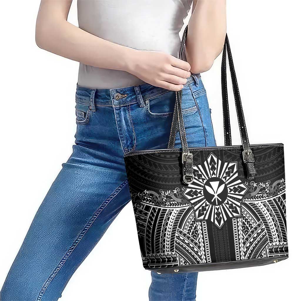 Hawaii And Philippines Together Leather Tote Bag Polynesian Pattern With Filipino Barong Black LT05 - Polynesian Pride