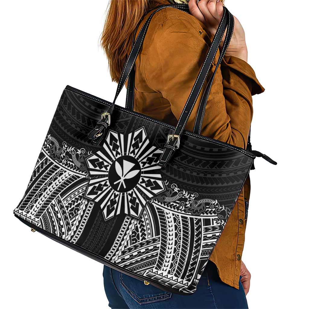 Hawaii And Philippines Together Leather Tote Bag Polynesian Pattern With Filipino Barong Black LT05 - Polynesian Pride