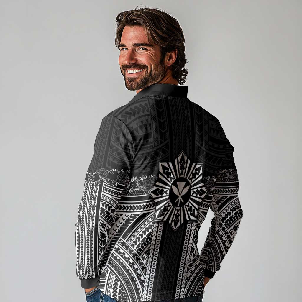 Hawaii And Philippines Together Long Sleeve Polo Shirt Polynesian Pattern With Filipino Barong Black