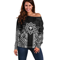 Hawaii And Philippines Together Off Shoulder Sweater Polynesian Pattern With Filipino Barong Black LT05 Women Black - Polynesian Pride