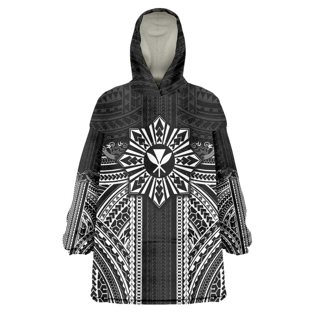 Hawaii And Philippines Together Wearable Blanket Hoodie Polynesian Pattern With Filipino Barong Black LT05 One Size Black - Polynesian Pride