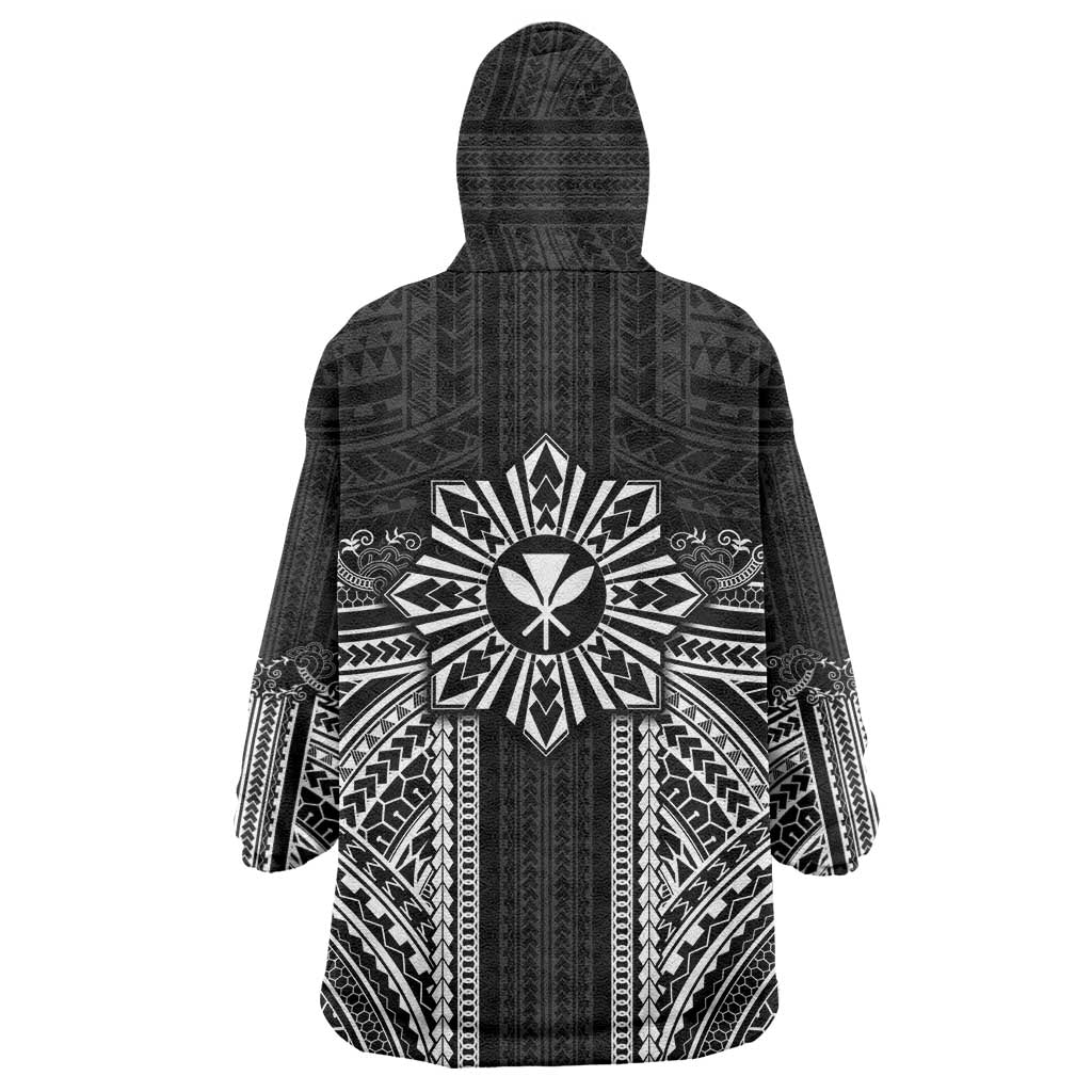 Hawaii And Philippines Together Wearable Blanket Hoodie Polynesian Pattern With Filipino Barong Black LT05 - Polynesian Pride