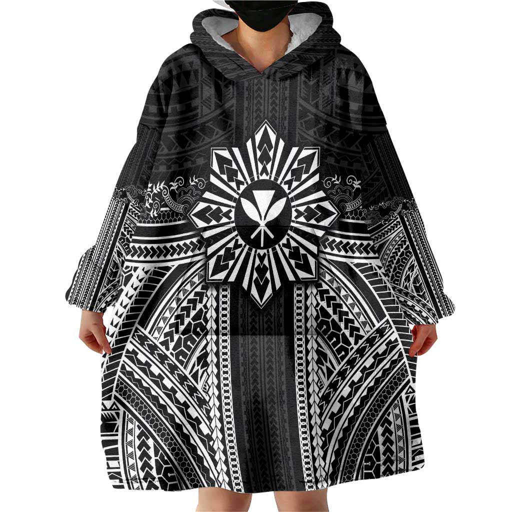 Hawaii And Philippines Together Wearable Blanket Hoodie Polynesian Pattern With Filipino Barong Black LT05 - Polynesian Pride