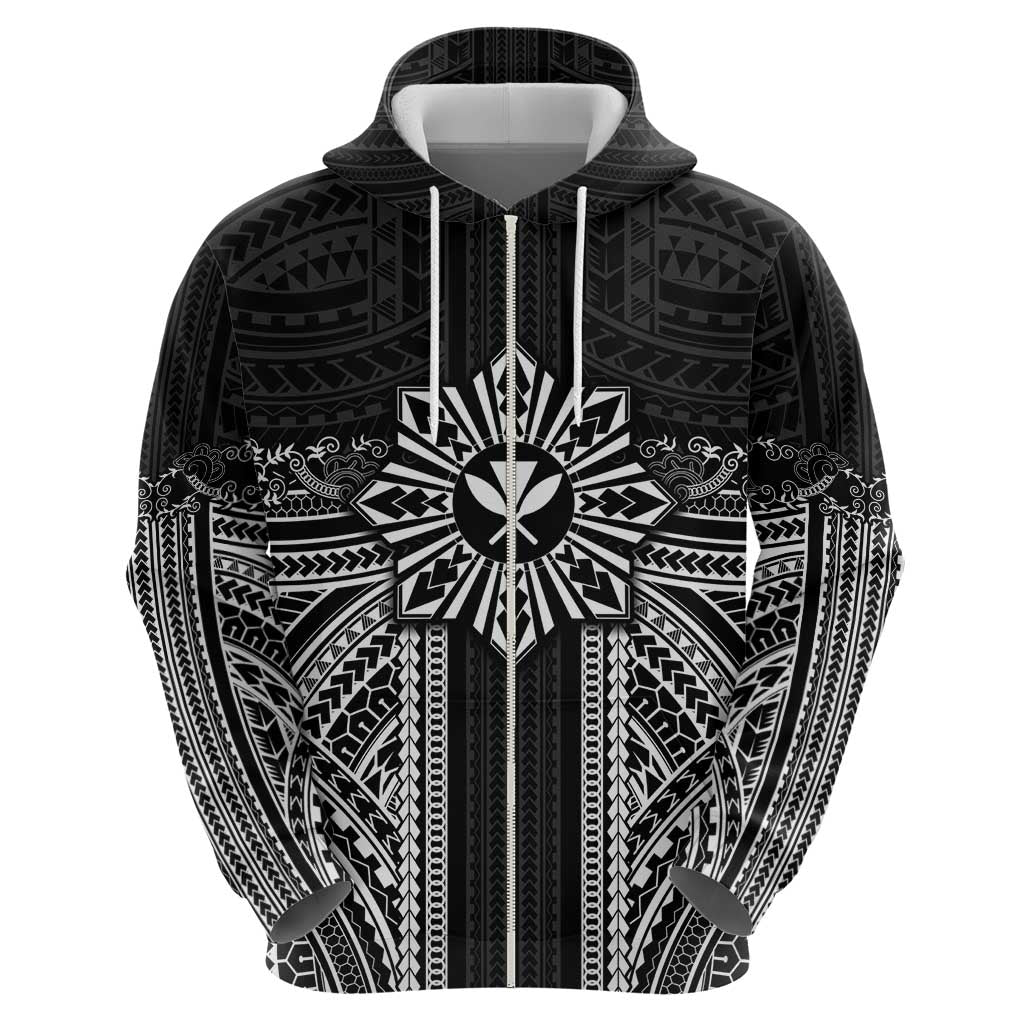 Hawaii And Philippines Together Zip Hoodie Polynesian Pattern With Filipino Barong Black LT05 - Polynesian Pride