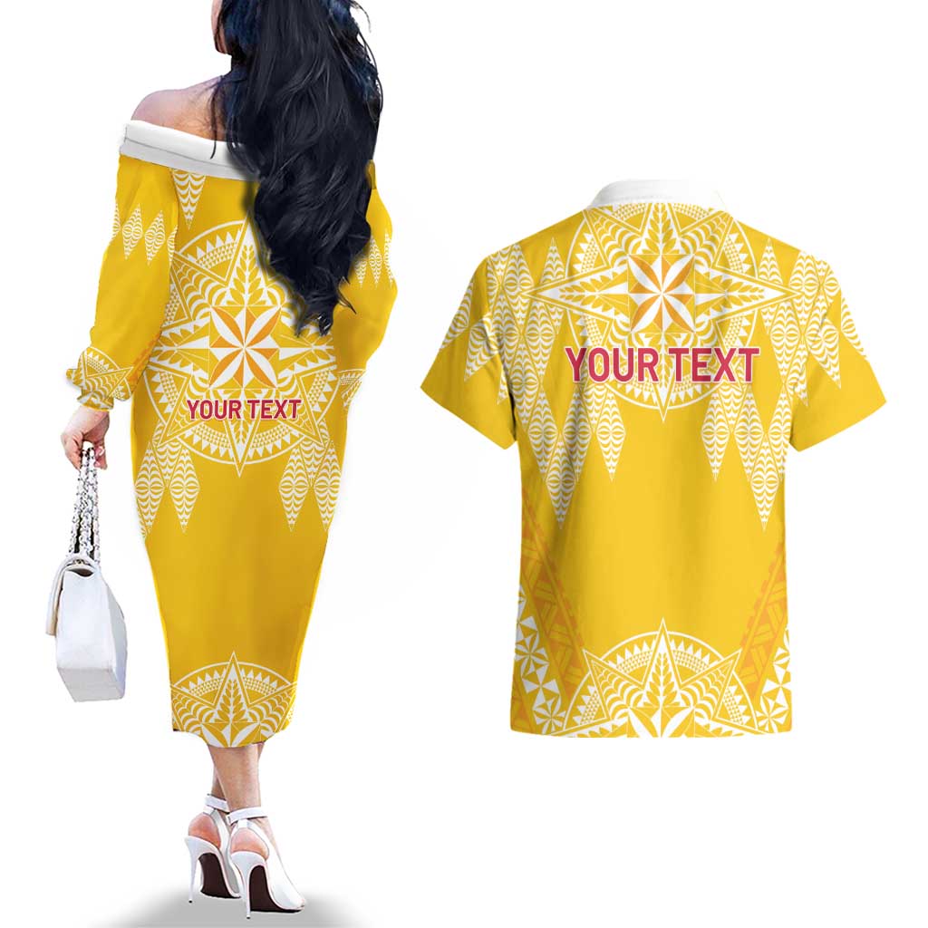 Personalised Anastasis College Couples Matching Off The Shoulder Long Sleeve Dress and Hawaiian Shirt Tonga Ngatu Pattern - Polynesian Pride
