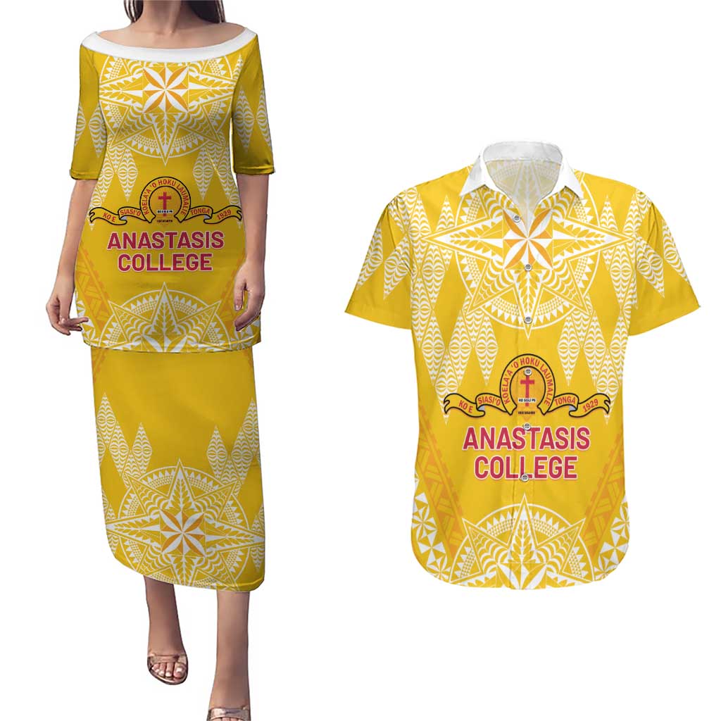 Personalised Anastasis College Couples Matching Puletasi and Hawaiian Shirt Tonga Ngatu Pattern - Polynesian Pride