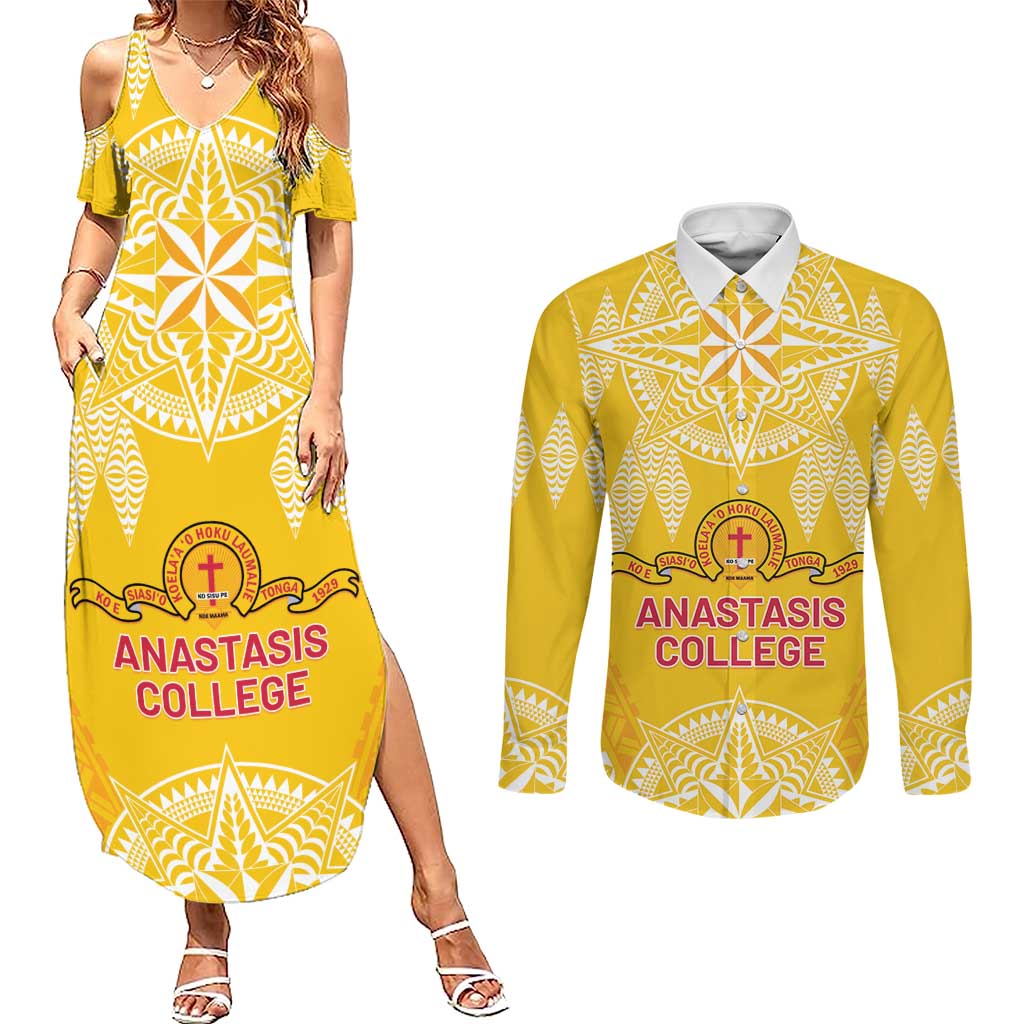Personalised Anastasis College Couples Matching Summer Maxi Dress and Long Sleeve Button Shirt Tonga Ngatu Pattern - Polynesian Pride
