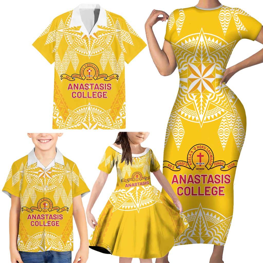 Personalised Anastasis College Family Matching Short Sleeve Bodycon Dress and Hawaiian Shirt Tonga Ngatu Pattern - Polynesian Pride