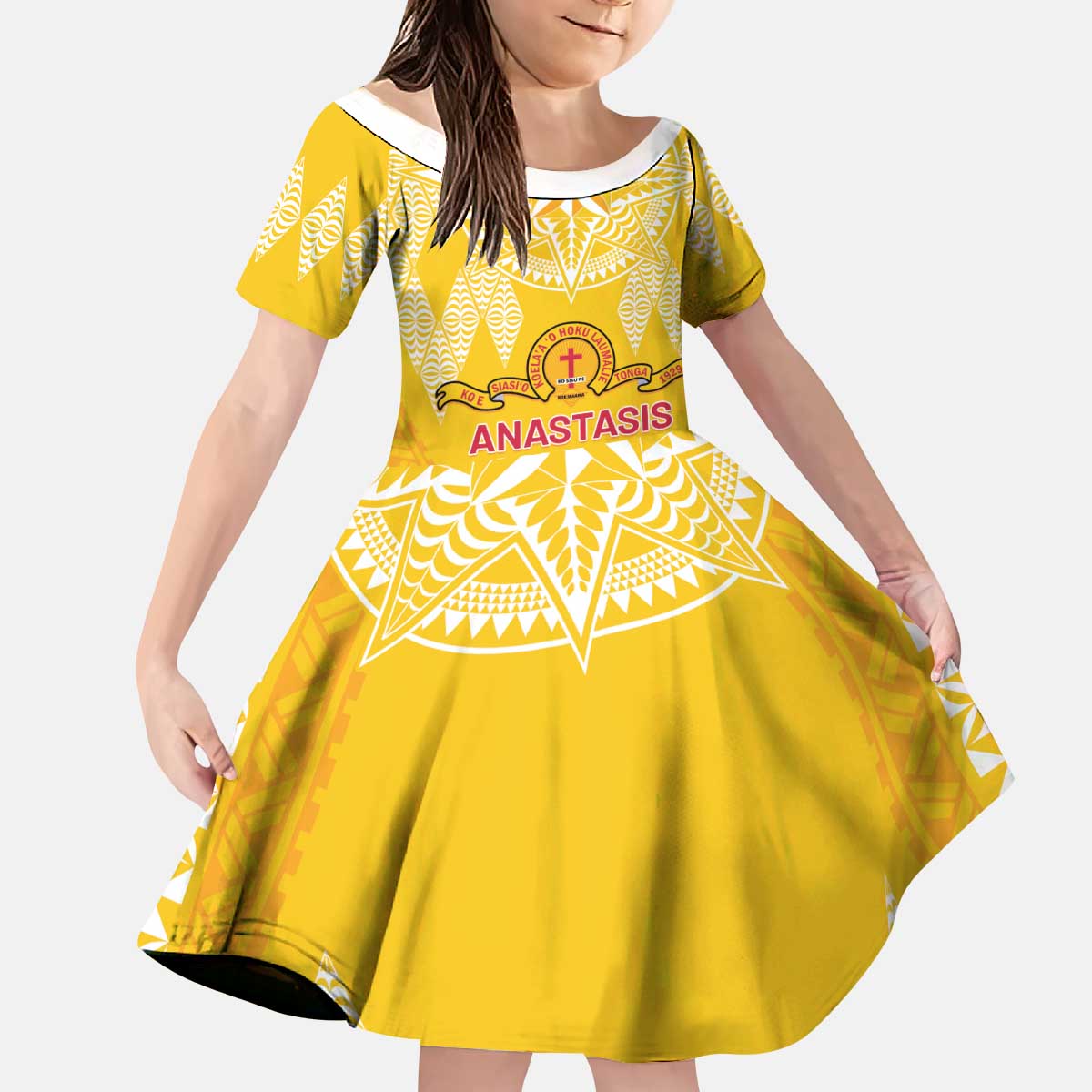 Personalised Anastasis College Kid Short Sleeve Dress Tonga Ngatu Pattern - Polynesian Pride