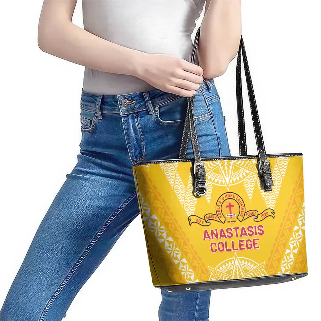 Anastasis College Leather Tote Bag Tonga Ngatu Pattern - Polynesian Pride