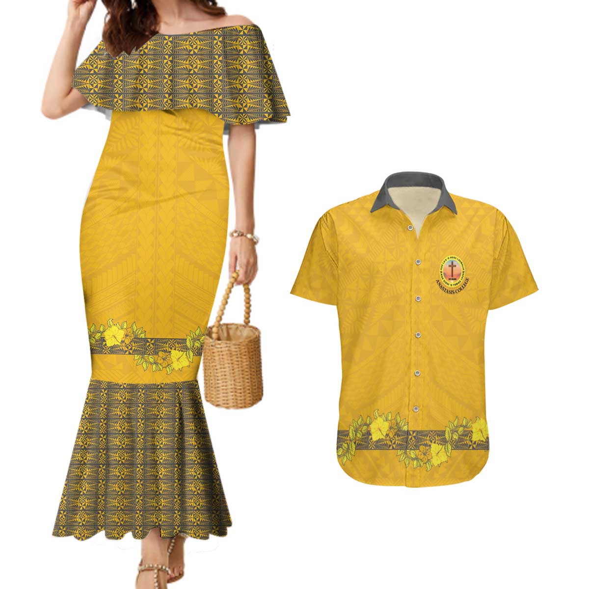 Tonga Anastasis College Couples Matching Mermaid Dress and Hawaiian Shirt Tongan Ngatu Kupesi Pattern - Polynesian Pride