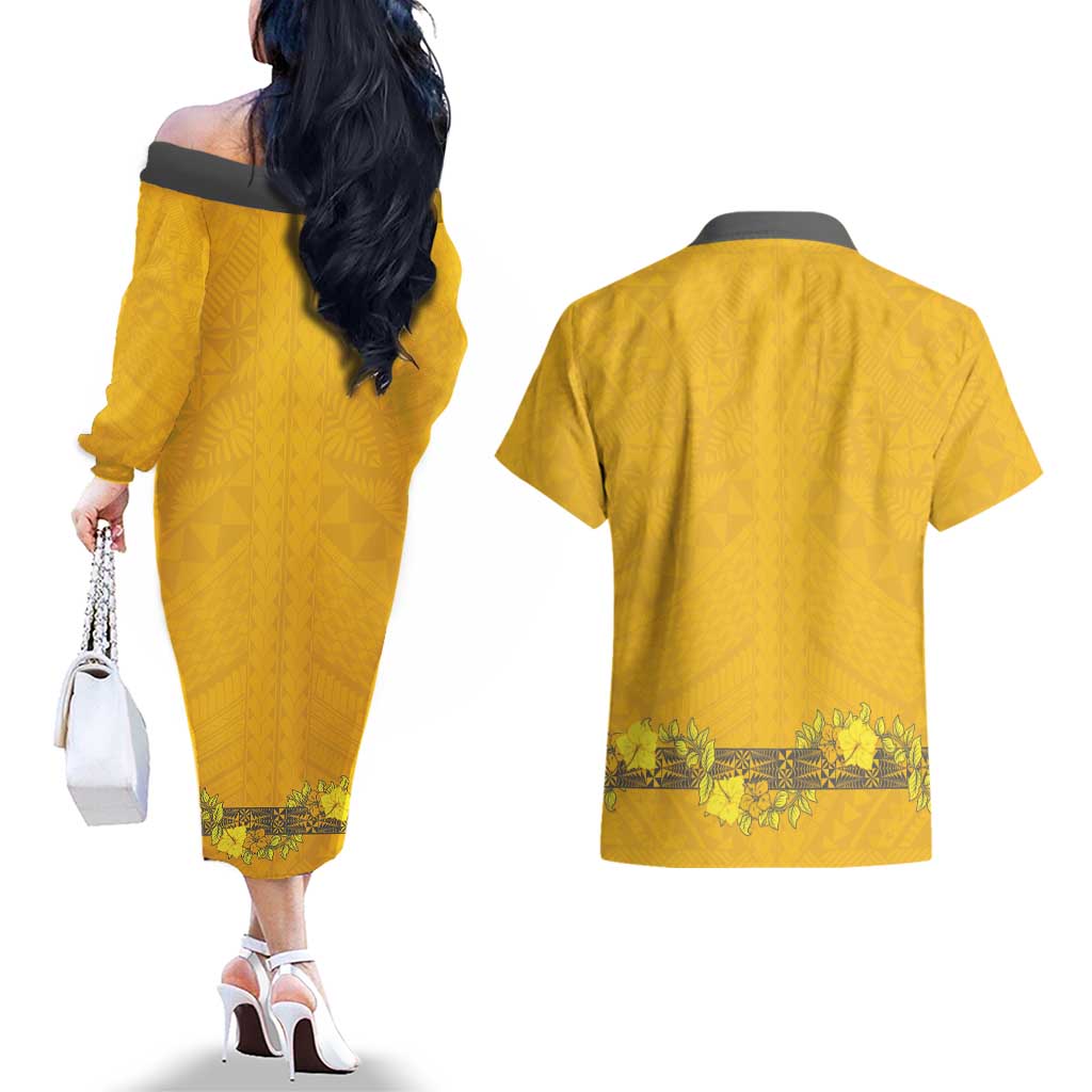 Tonga Anastasis College Couples Matching Off The Shoulder Long Sleeve Dress and Hawaiian Shirt Tongan Ngatu Kupesi Pattern - Polynesian Pride