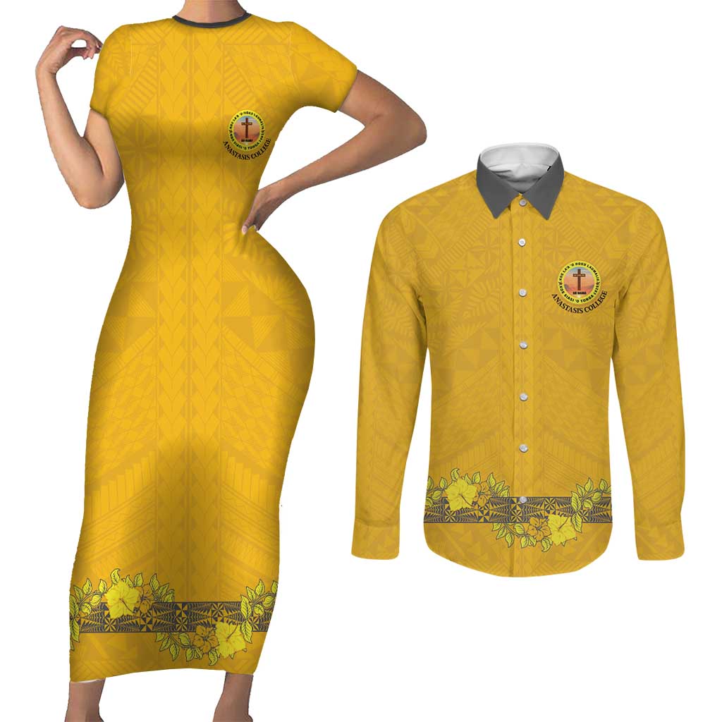Tonga Anastasis College Couples Matching Short Sleeve Bodycon Dress and Long Sleeve Button Shirt Tongan Ngatu Kupesi Pattern - Polynesian Pride