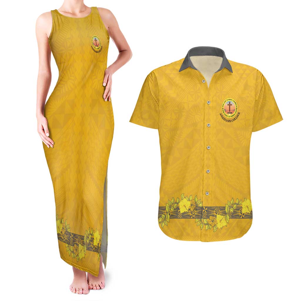 Tonga Anastasis College Couples Matching Tank Maxi Dress and Hawaiian Shirt Tongan Ngatu Kupesi Pattern - Polynesian Pride