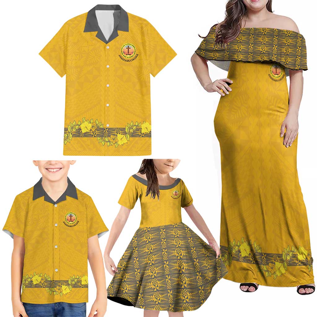 Tonga Anastasis College Family Matching Off Shoulder Maxi Dress and Hawaiian Shirt Tongan Ngatu Kupesi Pattern - Polynesian Pride