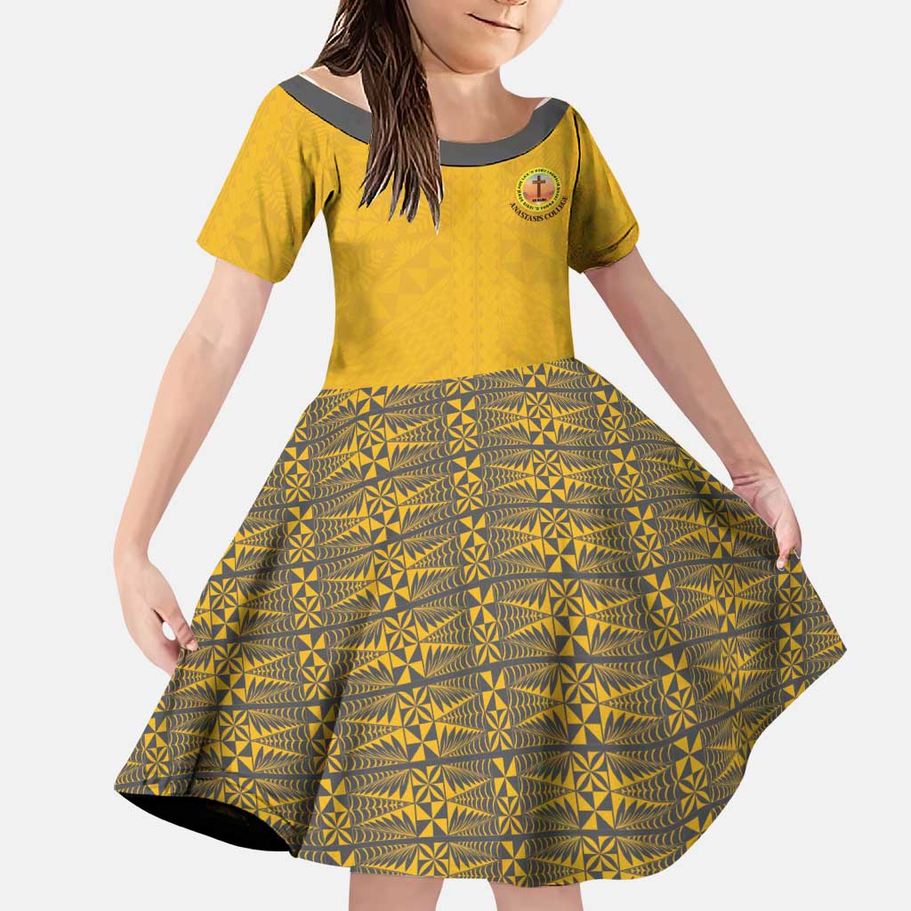 Tonga Anastasis College Family Matching Tank Maxi Dress and Hawaiian Shirt Tongan Ngatu Kupesi Pattern LT05 Daughter's Dress Yellow - Polynesian Pride