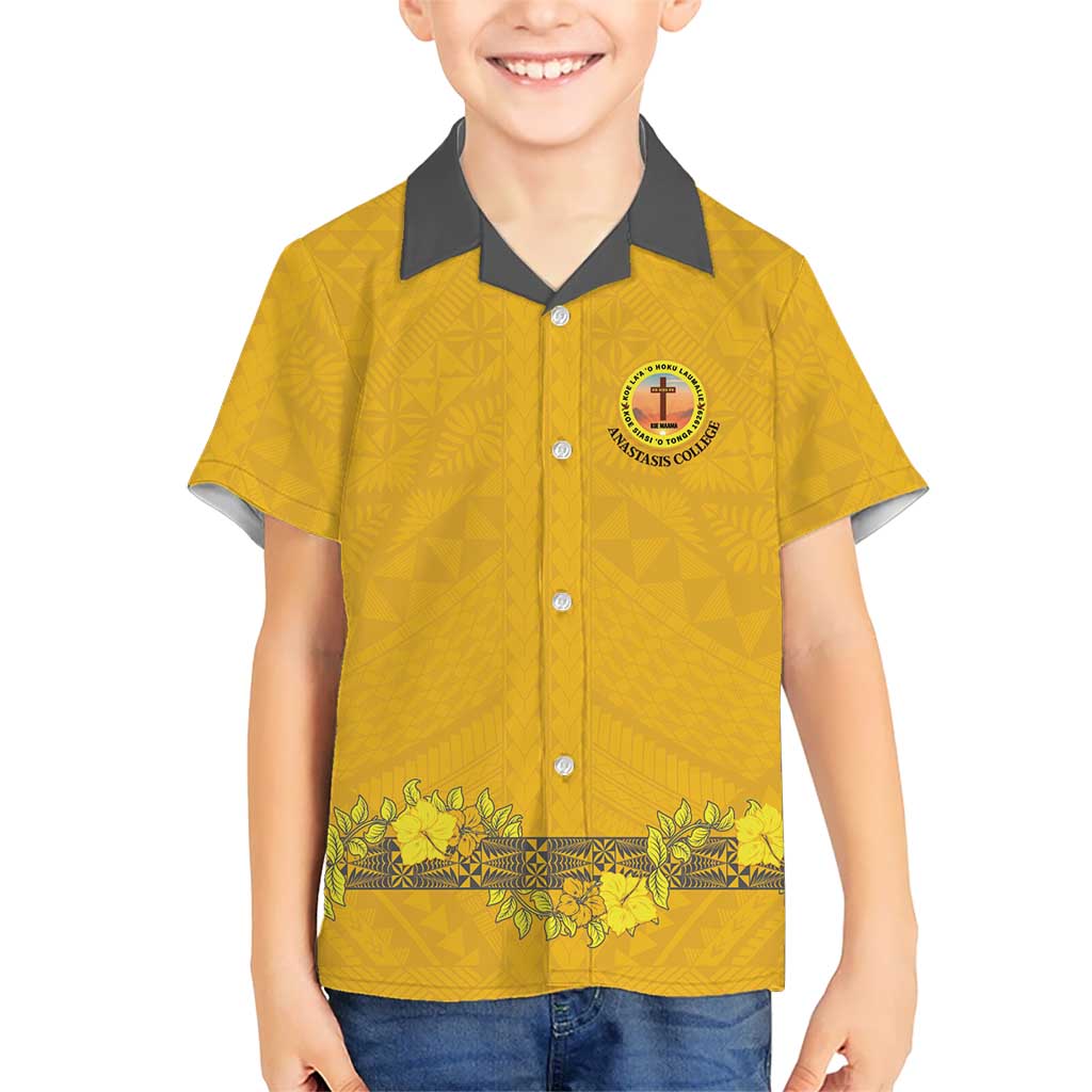 Tonga Anastasis College Family Matching Tank Maxi Dress and Hawaiian Shirt Tongan Ngatu Kupesi Pattern LT05 Son's Shirt Yellow - Polynesian Pride