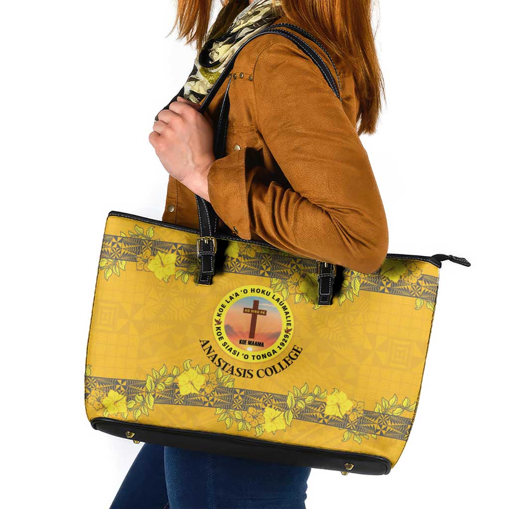 Tonga Anastasis College Leather Tote Bag Tongan Ngatu Kupesi Pattern - Polynesian Pride