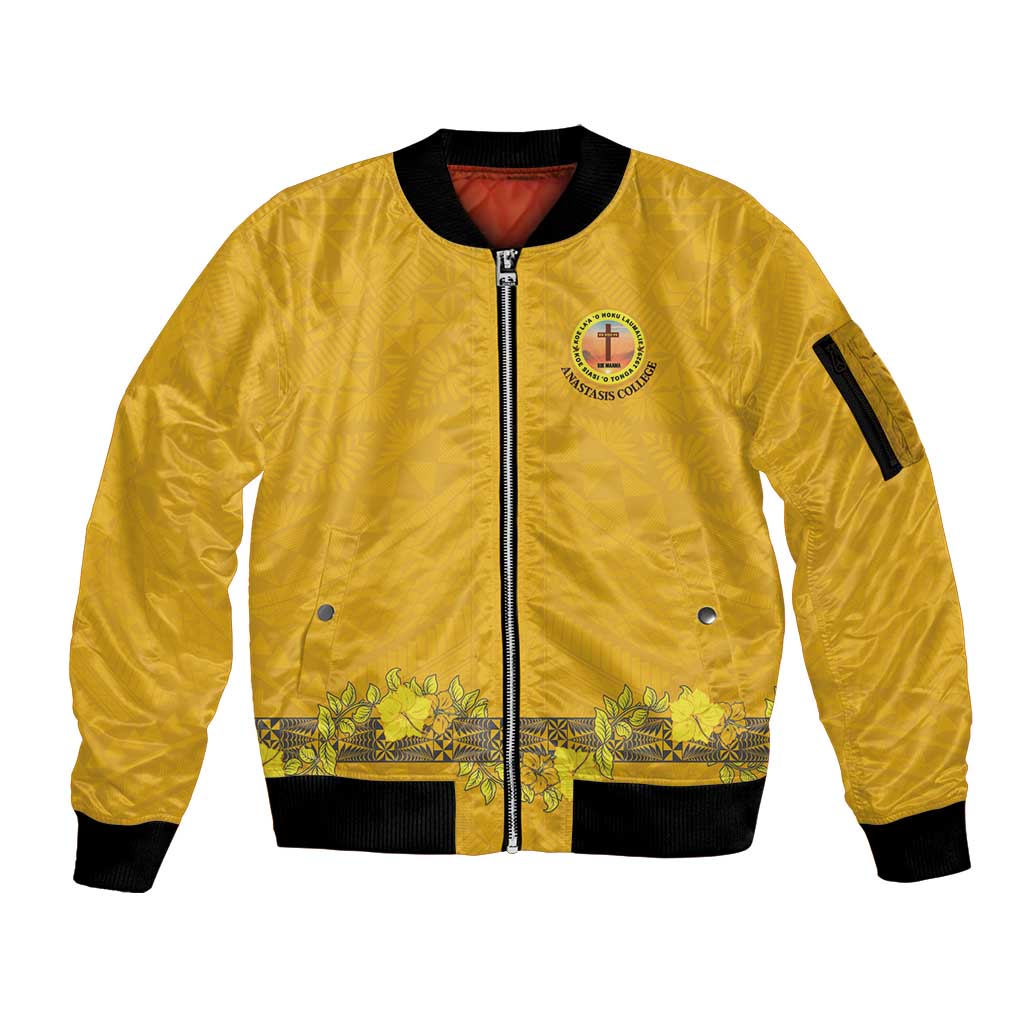 Tonga Anastasis College Sleeve Zip Bomber Jacket Tongan Ngatu Kupesi Pattern - Polynesian Pride