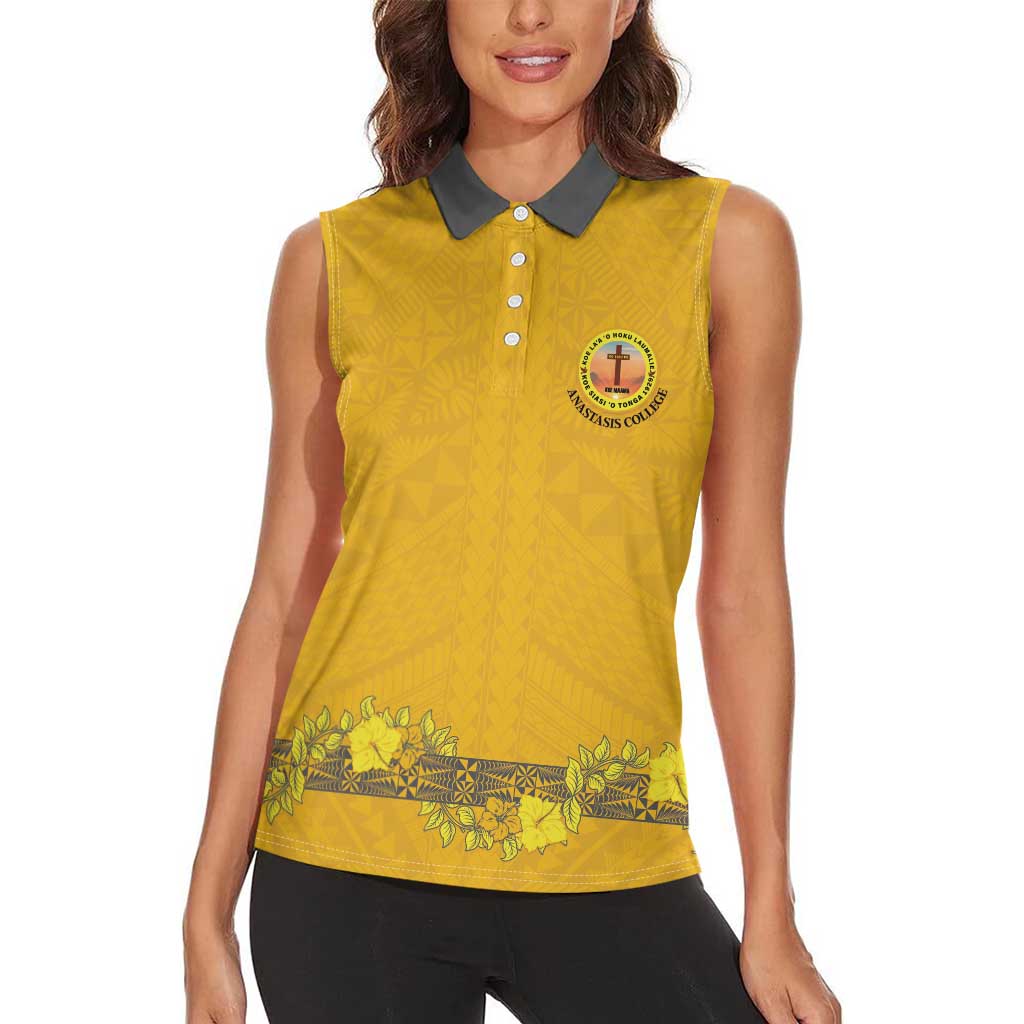 Tonga Anastasis College Women Sleeveless Polo Shirt Tongan Ngatu Kupesi Pattern - Polynesian Pride