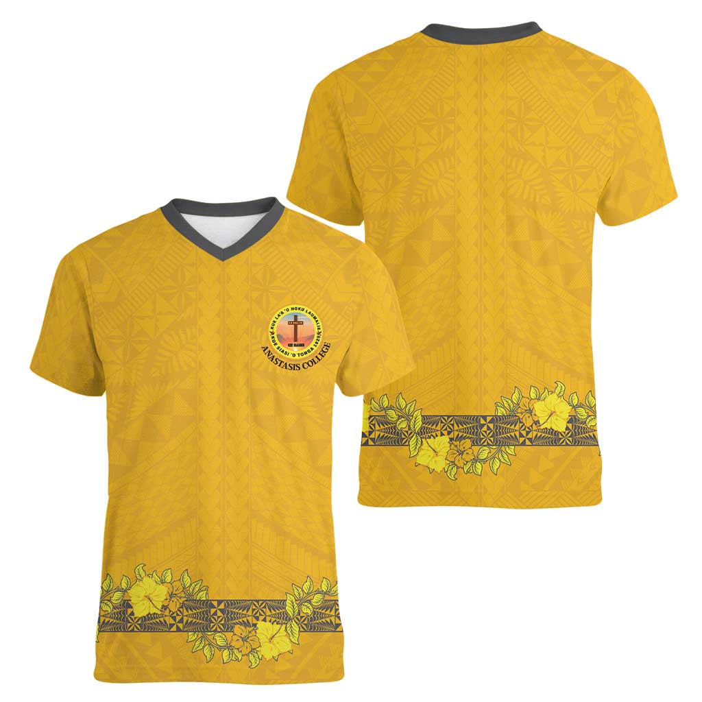 Tonga Anastasis College Women V-Neck T-Shirt Tongan Ngatu Kupesi Pattern - Polynesian Pride