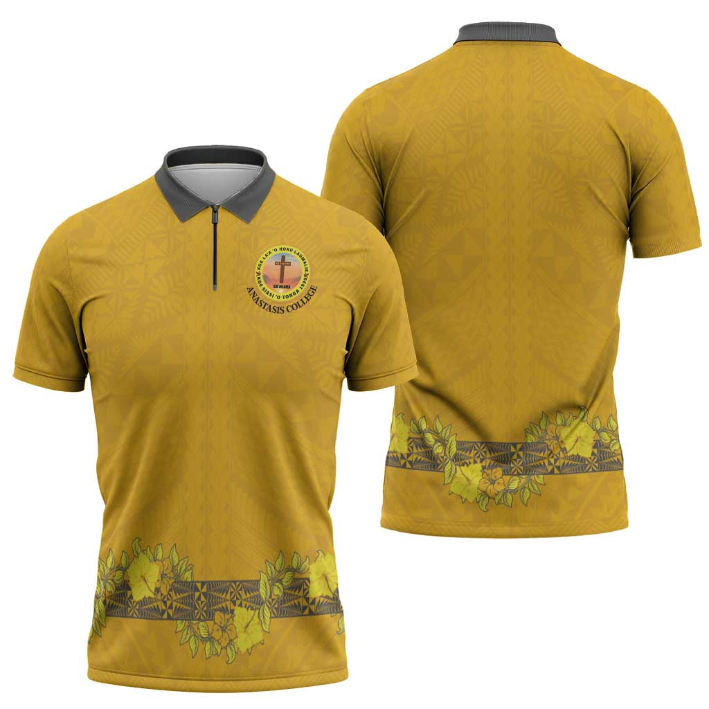 Tonga Anastasis College Zipper Polo Shirt Tongan Ngatu Kupesi Pattern - Polynesian Pride
